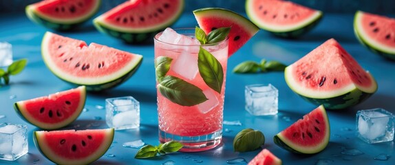 Watermelon cocktail with fresh basil leaves and ice cubes surrounded by watermelon slices on a blue background with Copy Space