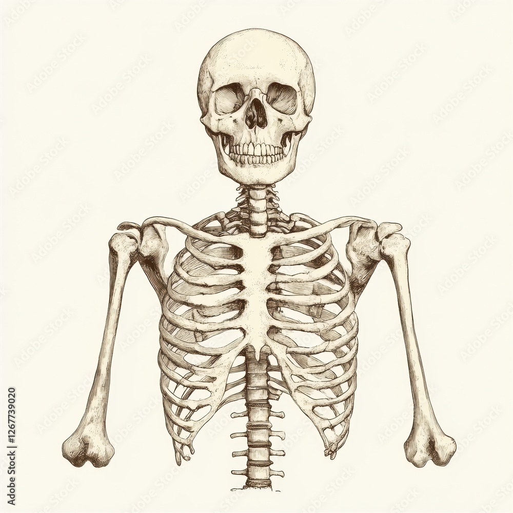 Aufkleber detailed drawing of a human skeleton showcasing complete anatomical structure from skull to limbs. g