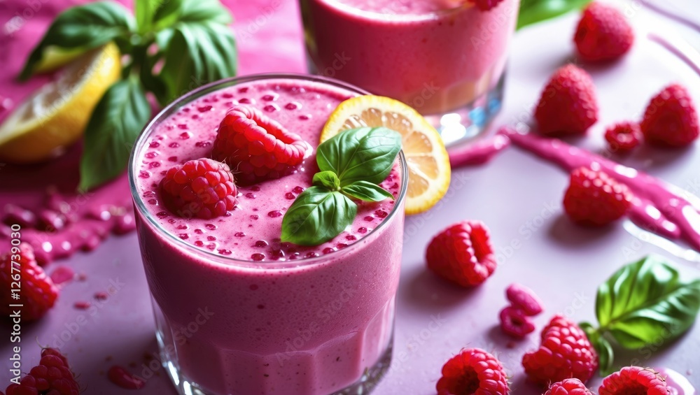 Poster pink raspberry smoothie in glass with fresh raspberries and basil leaves on a pink background with l