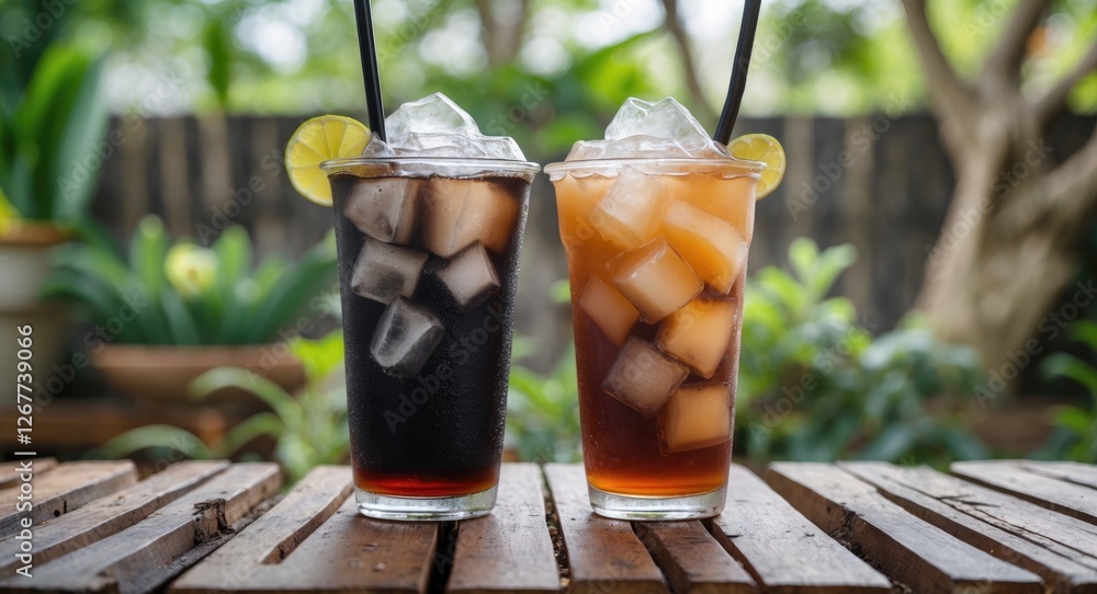 Poster two refreshing iced beverages with ice cubes and lemon slices on wooden table with greenery in backg