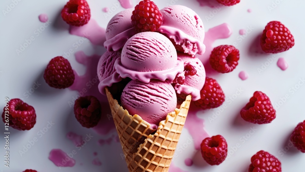 Poster raspberry ice cream cone with multiple scoops surrounded by fresh raspberries and raspberry sauce on