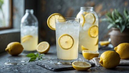 Fototapeta premium Lemonade drink in a glass with ice and lemon slices surrounded by whole lemons and a jar on a dark rustic table with copy space