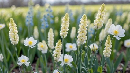 Flower field with white and yellow blossoms and blue hyacinths in natural setting, bright colors and clear sky, Copy Space