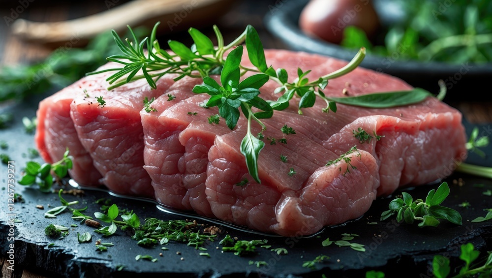 Poster raw meat steak garnished with fresh herbs on a dark slate surface with a rustic background and copy 