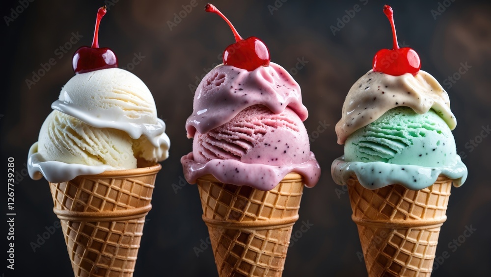Poster three ice cream cones with different flavors topped with cherries on a dark background with blurred 