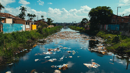 Obraz premium polluted river flows sluggishly, reflecting cloudy sky, underscoring environmental neglect and urgent need for cleanup