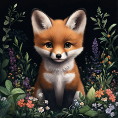 Fototapeta premium Gentle fox with calm mood sitting in flowers and foliage on dark background