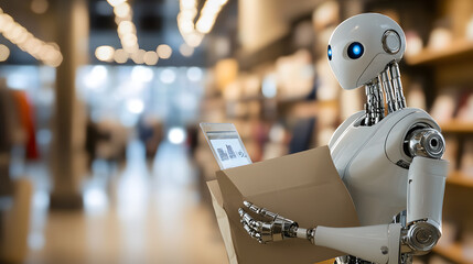 humanoid robot with blue eyes holds cardboard box in modern store, showcasing integration of AI in retail environments. background is blurred, highlighting robot focus