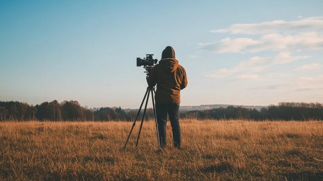 Filmaker shooting landscape scenery, golden hour