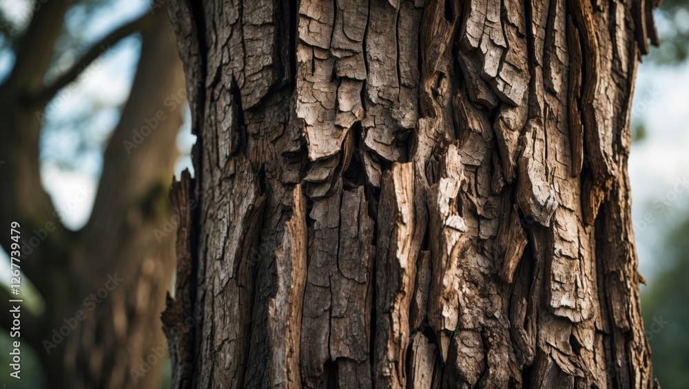 Poster close-up of textured tree bark with deep grooves and cracks on a vertical trunk against a blurred na