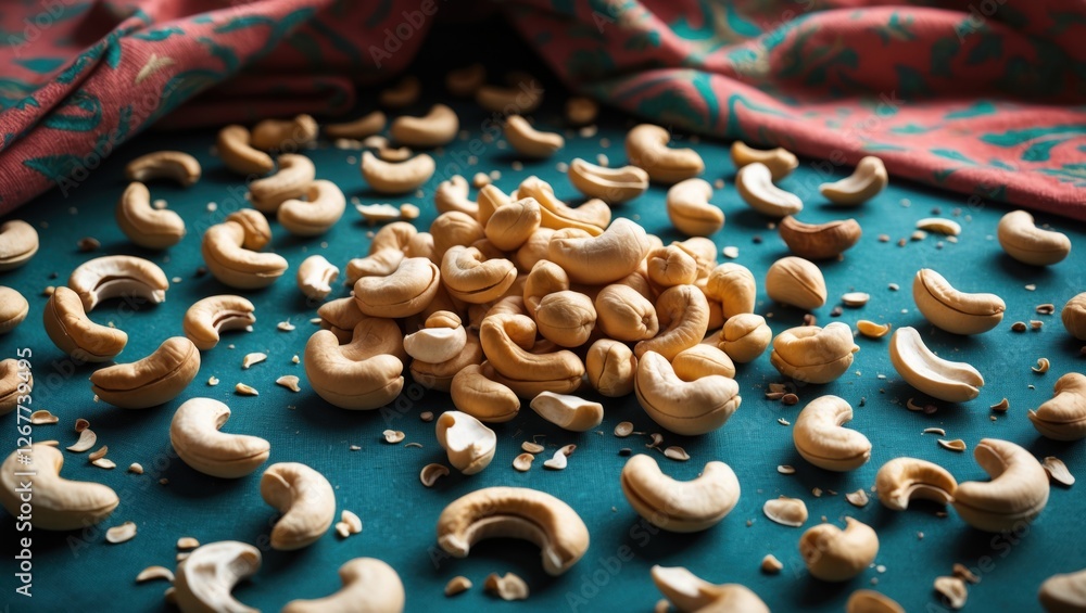 Aufkleber raw cashew nuts scattered on a colorful textile surface with copy space for text placement.