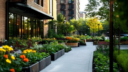 Fototapeta premium A landscaped pathway lined with colorful flower beds and greenery, leading to modern buildings in a sunny environment. Concept Landscaped Pathway, Colorful Flower Beds, Modern Buildings