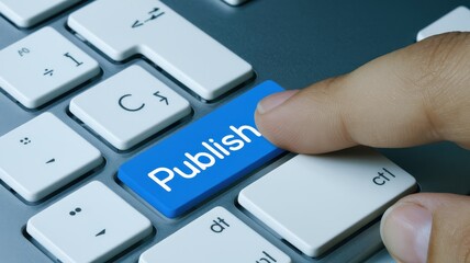 Finger presses blue publish key on an aluminum computer keyboard