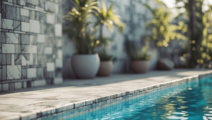 Modern swimming pool with clear water, marble tiles, and decorative potted plants, featuring a tranquil outdoor ambiance, Copy Space