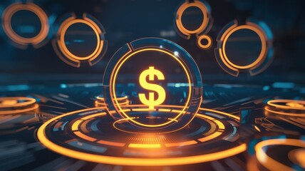 Glowing dollar symbol encased in glass with futuristic environment