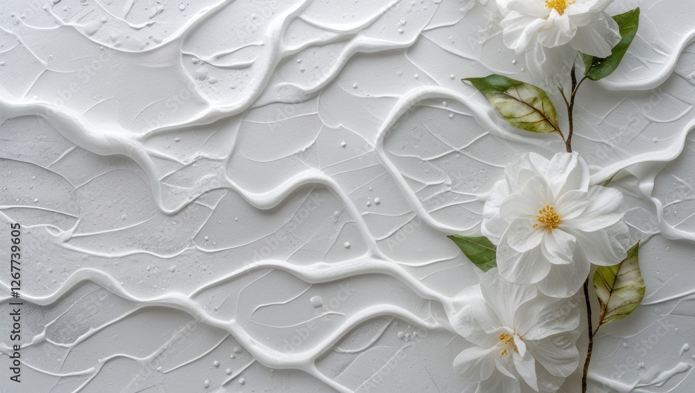 Poster white textured background with flowing patterns and white flowers positioned on the side, suitable f