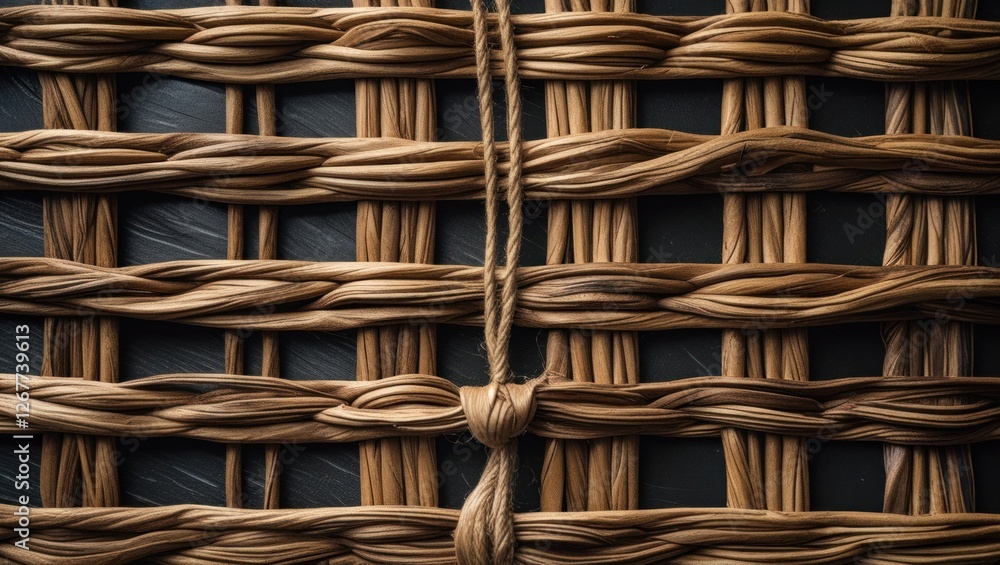 Poster woven natural fibers pattern close up with texture details and copy space for design elements