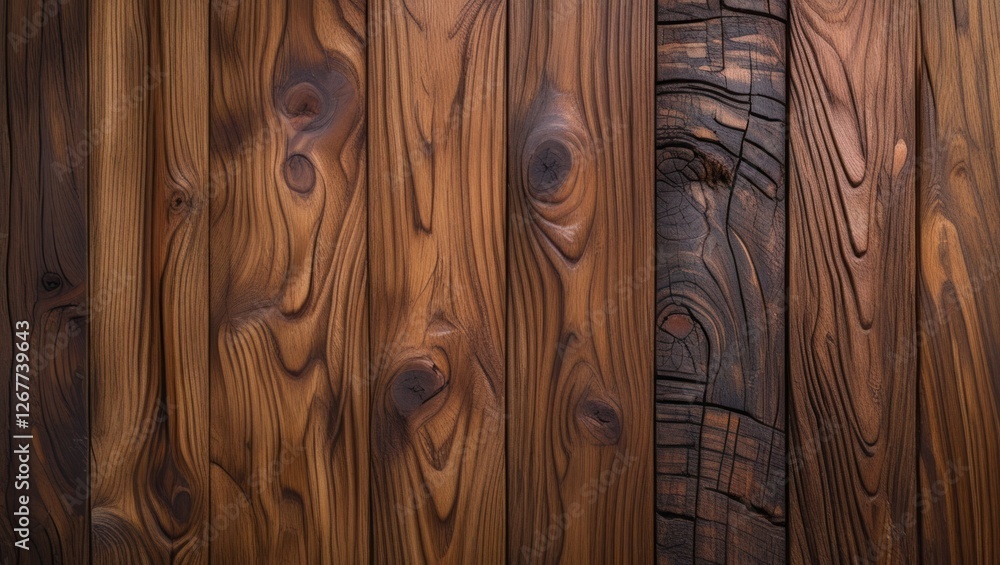 Poster textured wooden planks in warm tones with varying patterns and a darker section, suitable for backgr