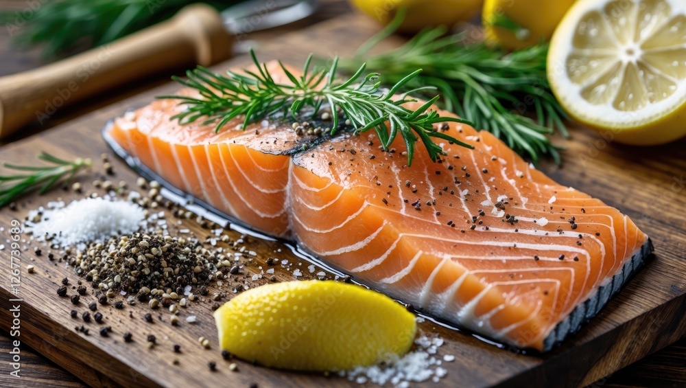 Poster fresh salmon fillet with lemon slices and herbs on a rustic wooden cutting board with spices and cop