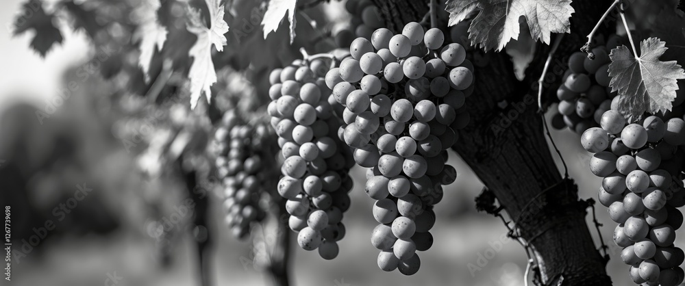 Aufkleber black and white image of grapevines with clusters of grapes hanging from the branches surrounded by 