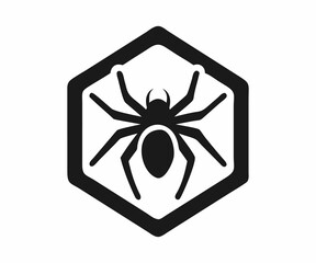 Simple black and white spider icon in a hexagon.