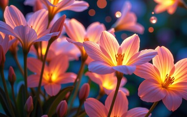 Fototapeta premium A stunning close-up of vibrant, glowing flowers in full bloom, illuminated with soft golden light. 