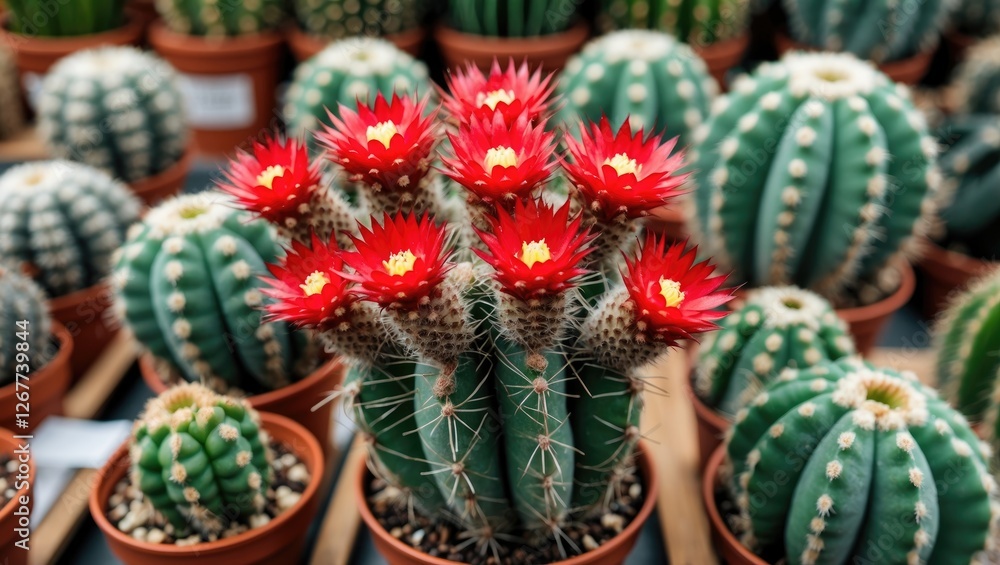 Poster group of various cacti with vibrant red flowers in pots arranged in a garden setting copy space