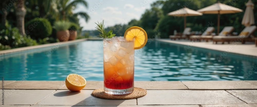 Aufkleber cocktail glass with ice and lemon slice on a table beside a swimming pool with umbrellas and greener
