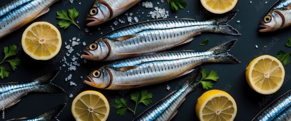 Poster fresh raw fish with lemon slices and herbs on dark background with copy space for text