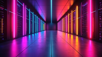 Neon-lit server room, data center corridor, glowing racks, digital infrastructure, tech background