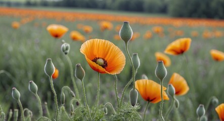 Obraz premium Vibrant orange poppy flowers in a lush green field with blurred background and soft natural light displaying details of petals and buds Copy Space