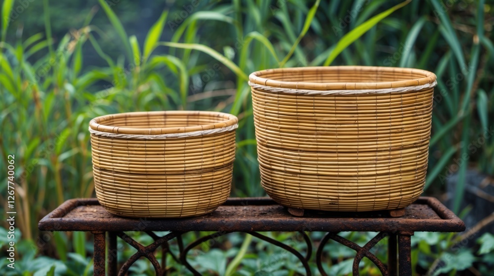 Poster bamboo baskets of different sizes placed on an old iron stand with greenery in the background copy s