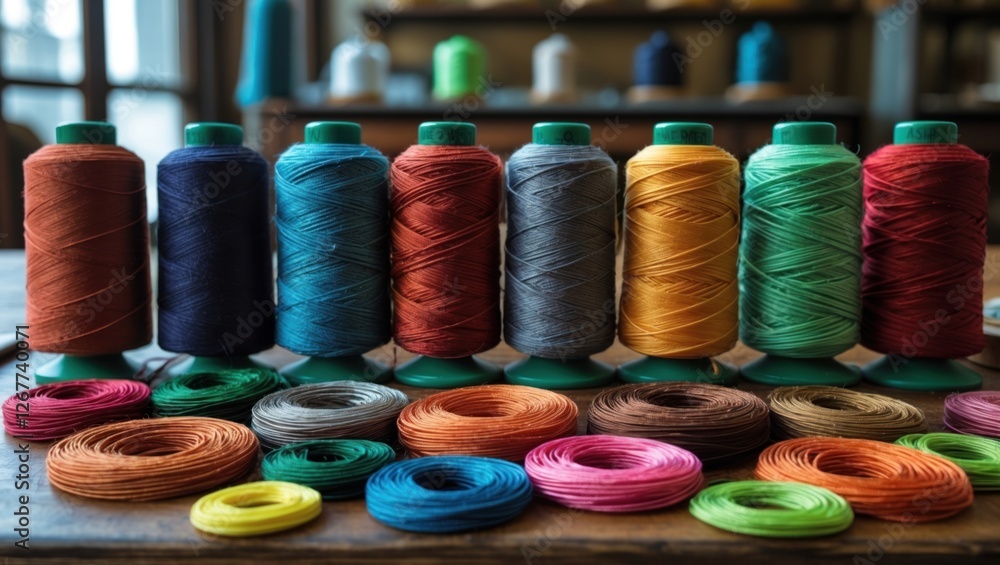 Poster thread and ribbon spools in various colors arranged neatly on a wooden table with soft lighting and 