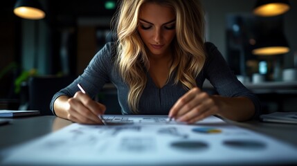 Fototapeta premium Focused businesswoman analyzing data at night