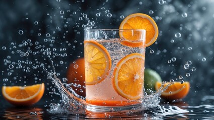 Fresh citrus beverage splash in glass with orange slices and bubbles on dark background with copy space