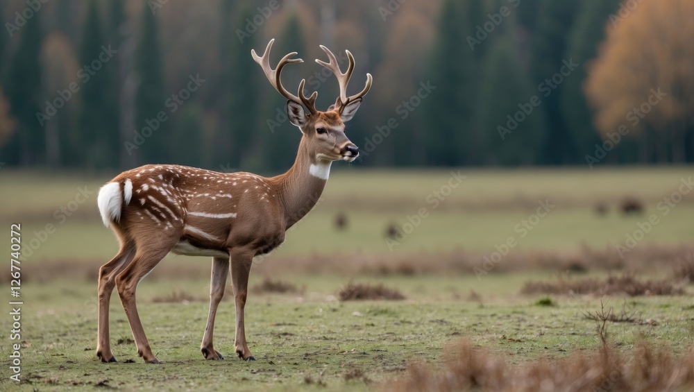 Poster fallow deer standing in a grassy field with trees in the background during autumn season copy space