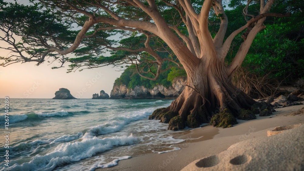 Poster coastal scene featuring a large tree on a beach at sunset with gentle waves and rocky cliffs in the 