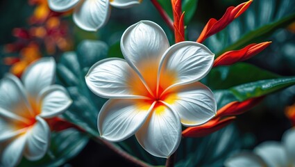 Obraz premium Close-up of vibrant white plumeria flower with yellow center surrounded by green foliage in a tropical garden setting Copy Space