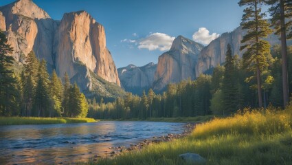 Sunset over Yosemite Valley with towering cliffs and a serene river surrounded by lush pine trees and vibrant grass Copy Space