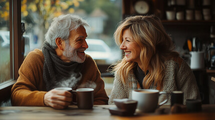 Happy senior couple enjoying coffee break at cafe, sharing laughter and warmth in close up shot
