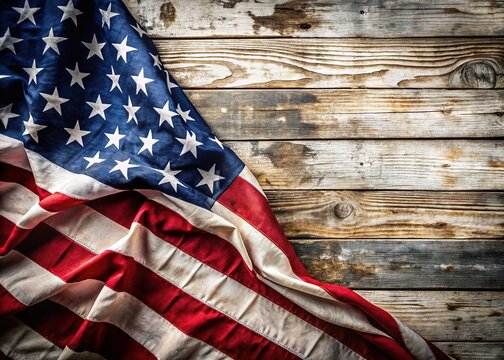 White wood backdrop, antique flag, AI-generated image.