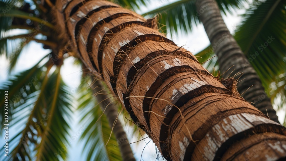 Poster close-up view of a palm tree trunk with textured bark and green palm leaves in background against a 