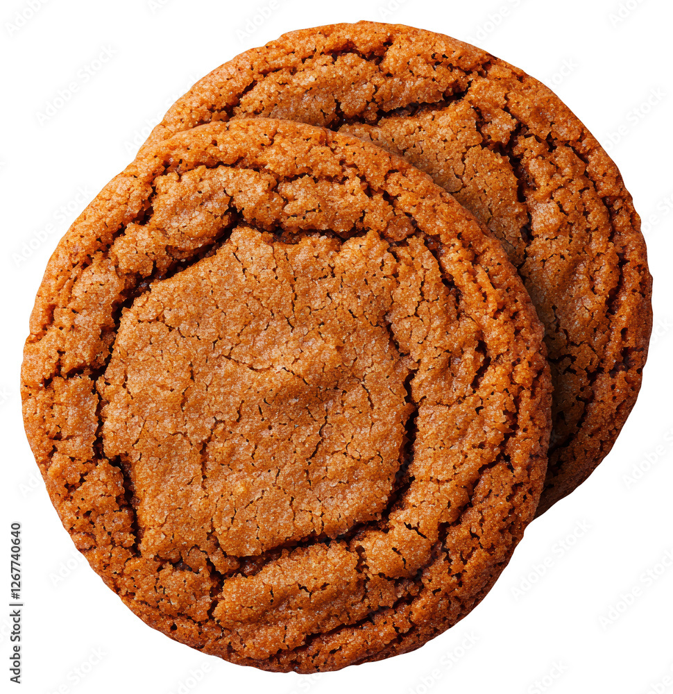 Poster studio shot of two round gingerbread cookies with crispy edges on transparent background