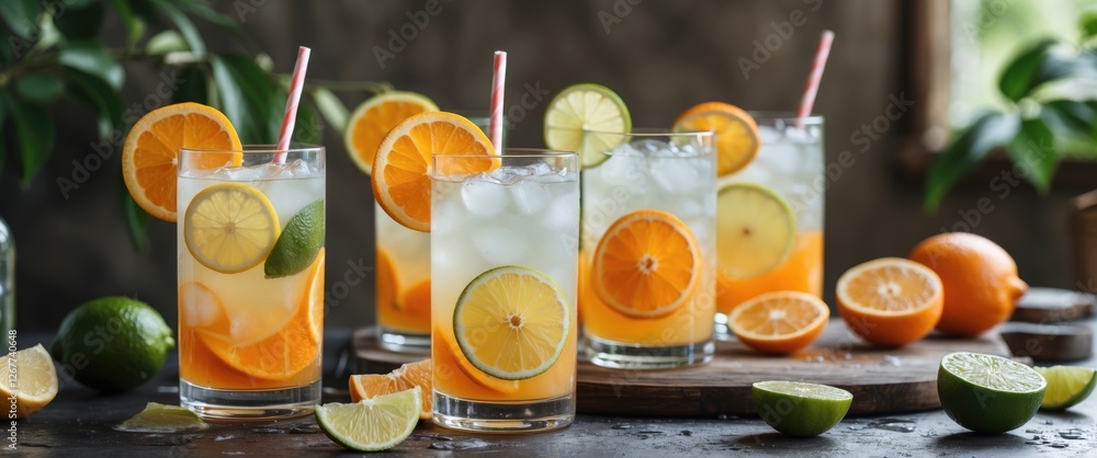 Poster refreshing citrus drinks with lemon and lime garnishes in clear glasses on wooden surface with orang