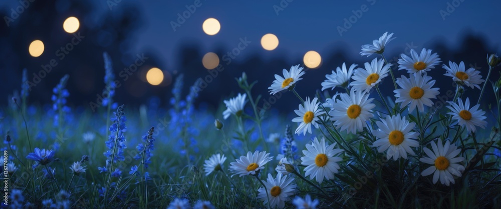 Poster white daisies and blue wildflowers in a field at dusk with bokeh lights in the background and copy s