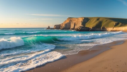 Coastal landscape with gentle waves rolling onto sandy beach during golden hour, lush green cliffs in background, natural beauty, Copy Space