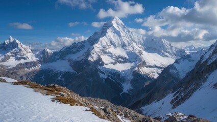 Snow-capped mountain peak under clear blue sky with scattered clouds and rocky terrain in foreground ideal for nature imagery Copy Space