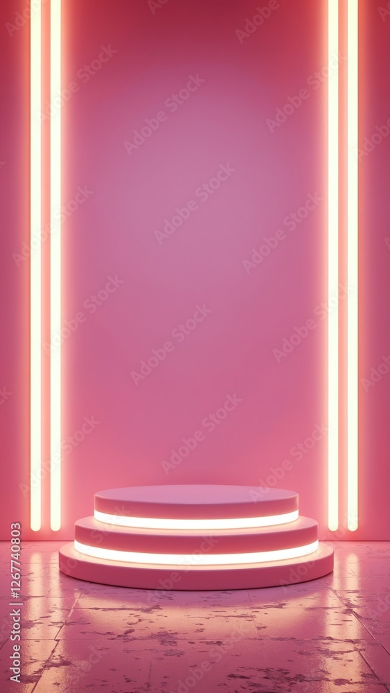 Poster pink neon light product background stage or podium pedestal on grunge street floor with glow spotlig