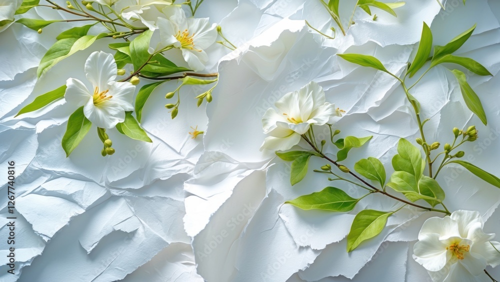 Aufkleber white flowers and green leaves on textured crumpled paper background with soft lighting and ample co