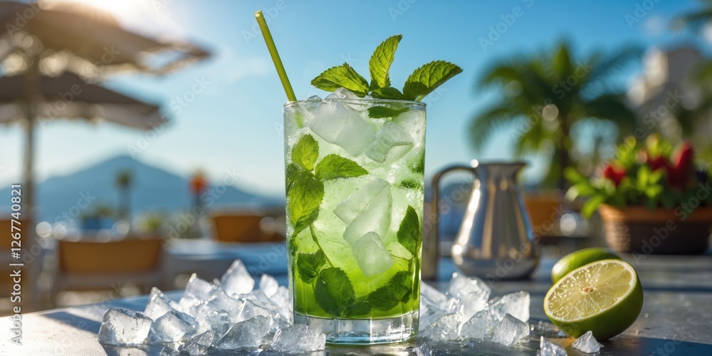 Poster fresh mint mojito cocktail with lime and ice on a table outside with blurred background of mountains
